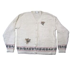 Northern Reflections Cardigan Women L Cream Embroidered Birds Vintage Granny 90s